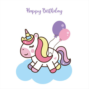 Happy birthday post, greeting card with cute colorful unicorn