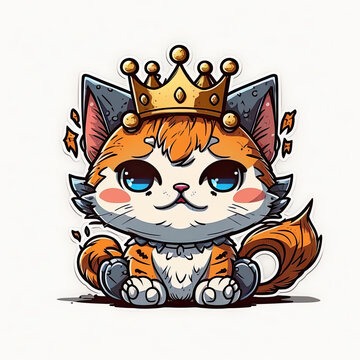 King cat in crown, cartoon chibi style, generative AI illustration