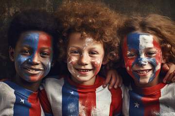 Photorealistic image of some children smiling with their faces painted as the flag of FRANCE. Europe. image generated with ai