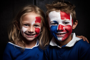 Photorealistic image of some children smiling with their faces painted as the flag of FRANCE....