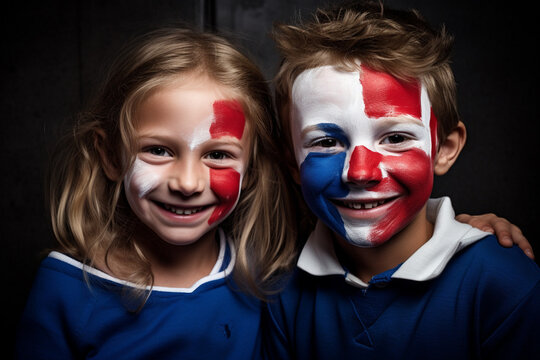 Photorealistic image of some children smiling with their faces painted as the flag of FRANCE. Europe. image generated with ai