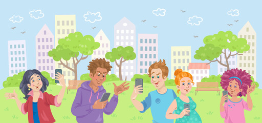 Young people walk in the city park with smartphones in their hands. They take selfies, talk, use the internet. Summer landscape. In cartoon style. Vector illustration