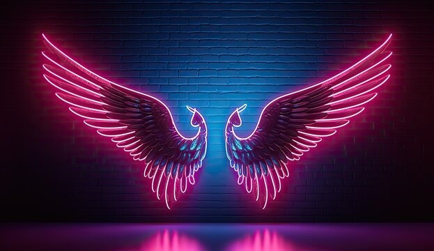 Neon angel wings with pink blue lights, abstract minimalist geometric background, UV spectrum, Cyberspace, futuristic wallpaper	