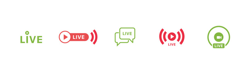 Set of live streaming icon set.Red and green live icon online streaming icon sign and symbol.Red symbols and buttons of live broadcasting isolated on transparent background.