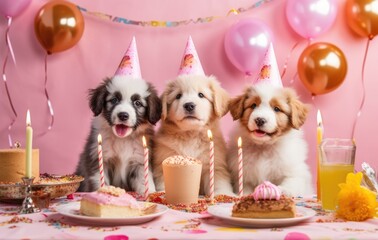 Adorable team of birthday pets of different breeds, Little puppies at Birthday, Cake with candles - obrazy, fototapety, plakaty