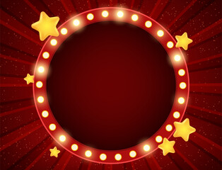 Abstract vector illustration background with shining beams of light, stars and round sparkle golden banner