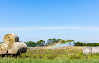 Round bales of hay on a trailer and on the ground framing a pipe irrigator in a soybean field that is producing a rainbow.