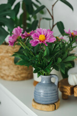 Pink delicate peony flowers on a light background