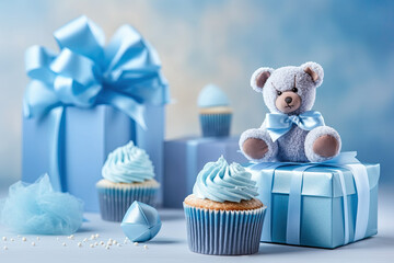 Blue theme baby boy cupcakes and baby favour gift boxes against blue background for baby shower or new born nursery greeting card concept. Ai generative