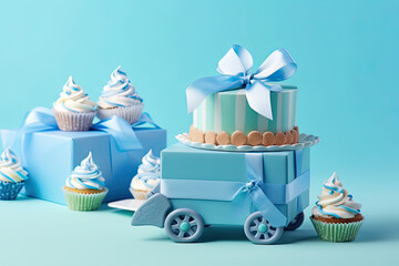 Blue theme baby boy cupcakes and baby favour gift boxes against blue background for baby shower or new born nursery greeting card concept. Ai generative