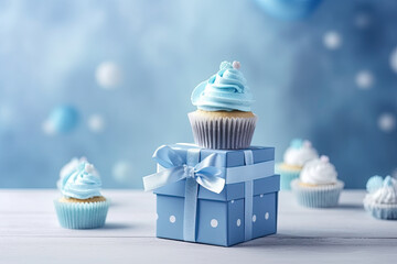 Blue theme baby boy cupcakes and baby favour gift boxes against blue background for baby shower or new born nursery greeting card concept. Ai generative
