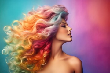 Young woman with colorful long curly hair, bright rainbow colors. Generative AI