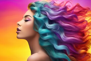 Young woman with colorful long curly hair, bright rainbow colors. Generative AI