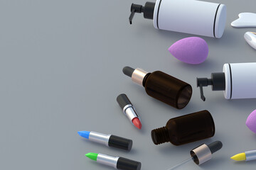 Cosmetic accessories on gray background. Beauty and fashion. Cosmetology products. Copy space. 3d render