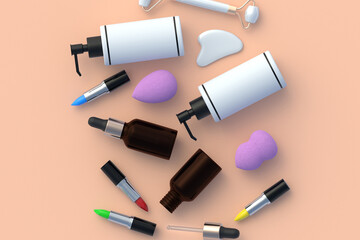Cosmetic accessories on beige background. Beauty and fashion. Cosmetology products. Top view. 3d render