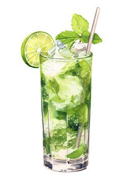 Mojito cocktail in watercolor design isolated on transparent background