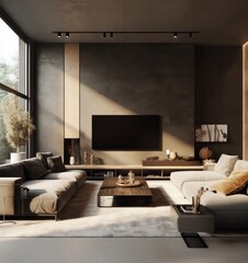 Comfortable and Elegant Living Room, Focused on Couch and TV Area.