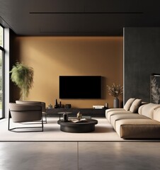 Detailed View of an Elegant Living Room with Plush Sofa and Television Setup.