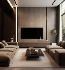 Comfortable and Elegant Living Room, Focused on Couch and TV Area.