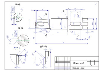 Vector drawing of a steel mechanical part with through holes.
Driven shaft. Engineering cad scheme. Mechanical background.