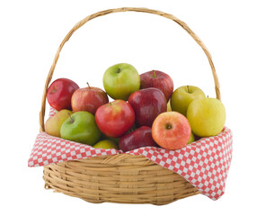 delicious fresh apples in wicker basket.