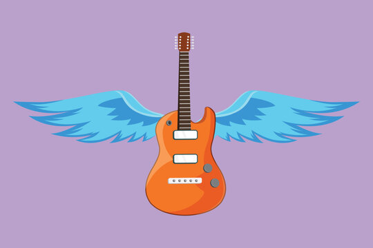 Character flat drawing guitar musical emblem with wings for festival music performance. Musical instrument. Rock and roll concert. Acoustic guitar with wings logo. Cartoon design vector illustration