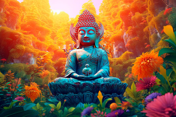 A buddha statue sitting on top of a lush greenery. Generative AI - obrazy, fototapety, plakaty
