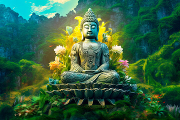 A buddha statue sitting on top of a lush greenery. Generative AI