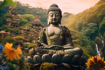 A buddha statue sitting on top of a lush greenery. Generative AI