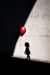 Generative AI illustration of a silhouette of a girl holding a red balloon