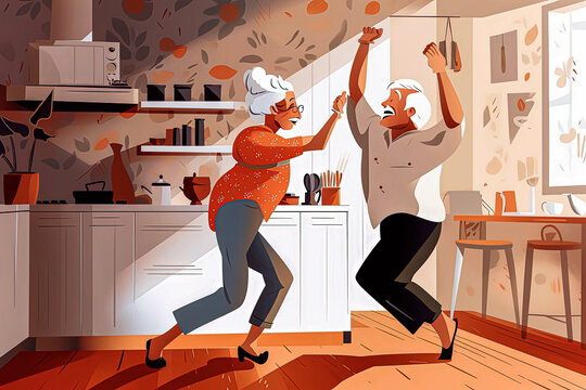 Generative AI illustration of Couple of old people dancing and enjoying life in the kitchen