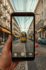 A person taking a picture of a tram on a street in Lisbon, Portugal. Generative AI.