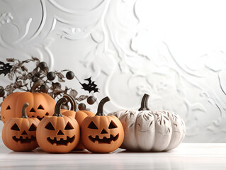 Set of yellow and white Halloween pumpkins over gray background. Spooky pumpkins with evil faces, Halloween background. Holiday concept. Copy space for text or product placement. Generative AI