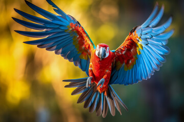 A parrot spreading its wings wide in a colorful display of flight.