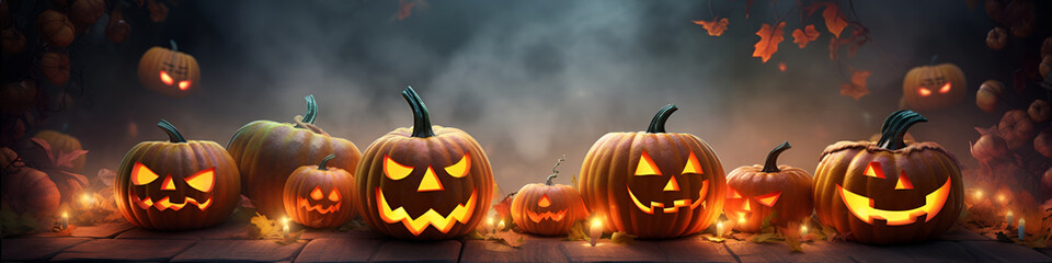 Halloween illustration with a set of yellow pumpkins over mystery forest background with smoke. Spooky pumpkins with scary and smiling faces. Halloween background. Holiday banner. Generative AI - obrazy, fototapety, plakaty