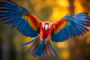 Obraz premium A parrot spreading its wings wide in a colorful display of flight.