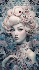 Captivating fashion photoshoot: A stunning model with porcelain skin adorned in floral embellishments. Enchanting display of artistry and style.. Not real person. Generative Ai