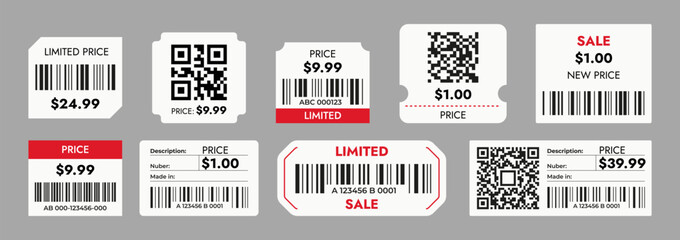 Prices with barcodes. Sticker barcodes system for sale item, row labels with codes and QR code, grocery store product price mark. Vector shopping concept. Goods identification labeling