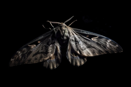 A close up of a moth on a black background. AI generative.