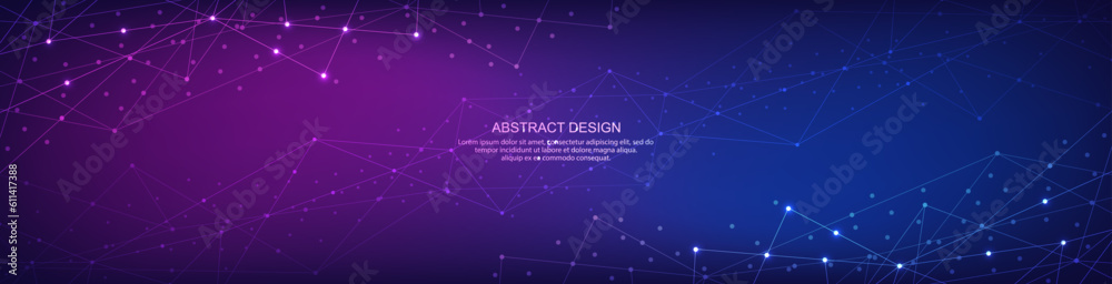 Fototapete Digital technology background of global network connection and communication with connecting the dots and lines for banner design or header