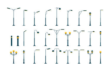 Outdoor urban light. Electric street lamp icons, modern and vintage town lamp post ornamental design, old streetlamp electric power. Vector set. Realistic metal lampposts for streetlight - obrazy, fototapety, plakaty