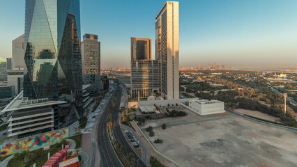 Panorama showing Dubai International Financial district aerial timelapse. View of business and...