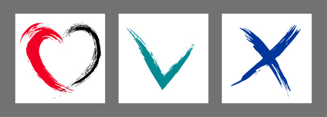 The cross, heart and OK symbol are hand-drawn with a brush. Prohibition, denial, error. Love. Approval, consent. Vector, set of 3 characters