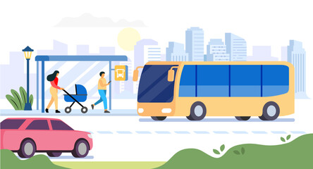 Passengers waiting for public bus in city. Flat illustration. Cartoon Transportation - obrazy, fototapety, plakaty