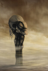 ancient alien creature or structure in solitude on a barren world. Surreal desert landscape hand painted digital artwork. Moody monochrome clouds in dystopian planet