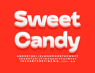 Vector bright banner Sweet Candy. Stylish 3D Font. Modern White Alphabet Letters, Numbers and Symbols set