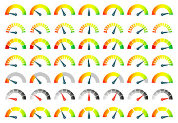 Gauge meter. Rating scale bar indicator with arrow speedometer, dashboard scale panel level meter for measurement speed. Vector set. Colorful and black control panels for animation