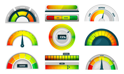 Speedometer indicator. Energy and rate measurement dial with arrow, rate gauge and number, efficient dashboard gauge for progress report. Vector set. Panels with different levels, vehicle equipment - obrazy, fototapety, plakaty