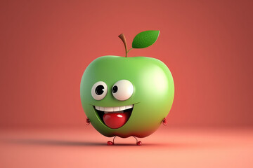 Cute crazy apple 3d cartoon character. Ripe fruit with big eyes. Funny apple mascot. Generative AI 3d render illustration imitation.