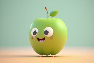 Cute light colors apple 3d cartoon character. Ripe fruit with big eyes. Funny apple mascot. Generative AI 3d render illustration imitation.